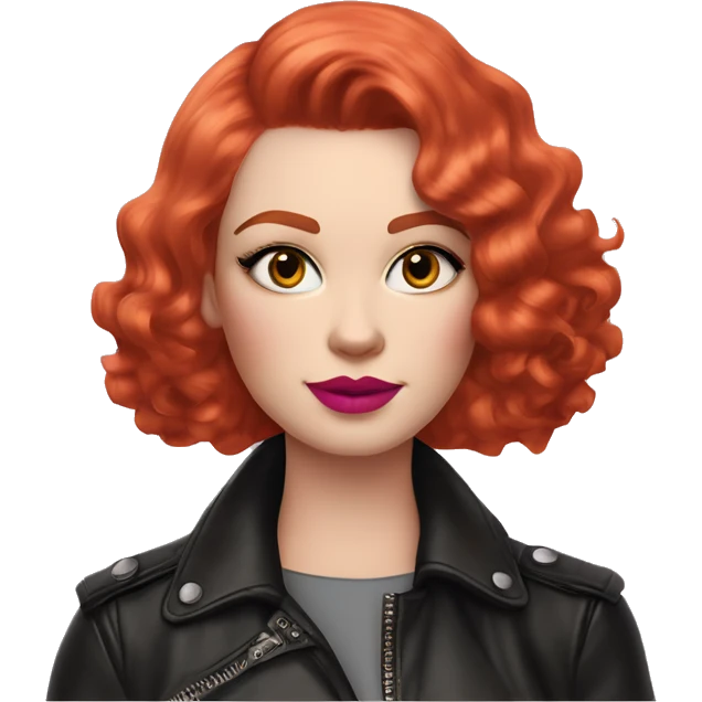 Woman with very pale skin, bright red curly short bob hair that is parted on the side, heavy cat-eye makeup, long eyelashes, bright pink blush and bright pink lipstick.  Her eyebrows are dark, arched and very high.  Hazel eyes. Wearing a leather jacket  emoji