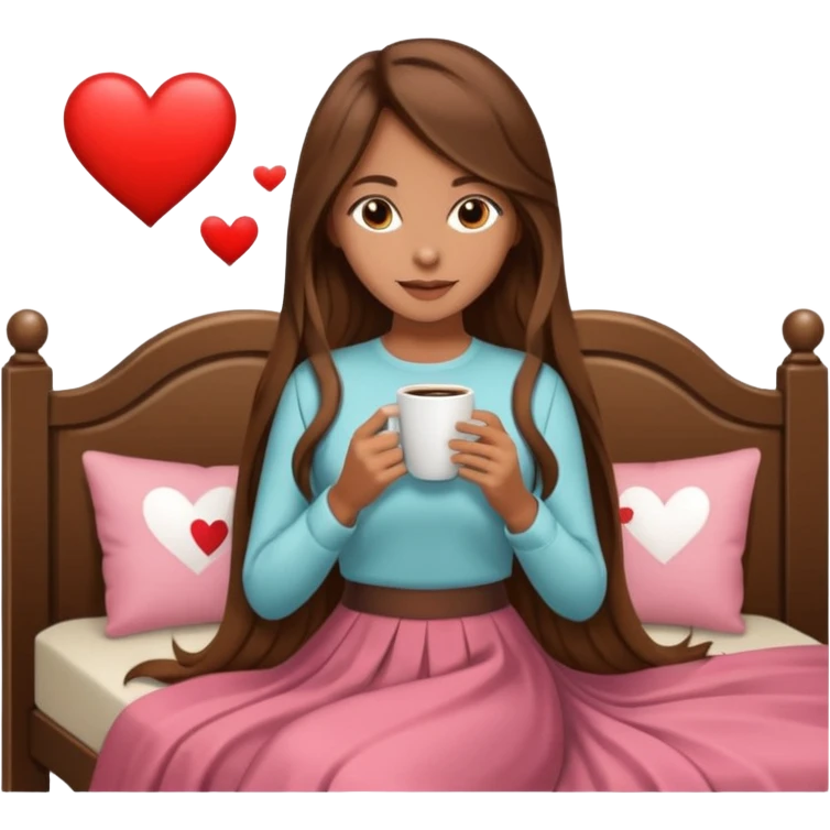 Un emoji de una chica con el pelo castaño y largo y suelto así como vestida como una that Girl y un café con dibujo de corazón y una cama aesthetic modo vida perfecta emoji