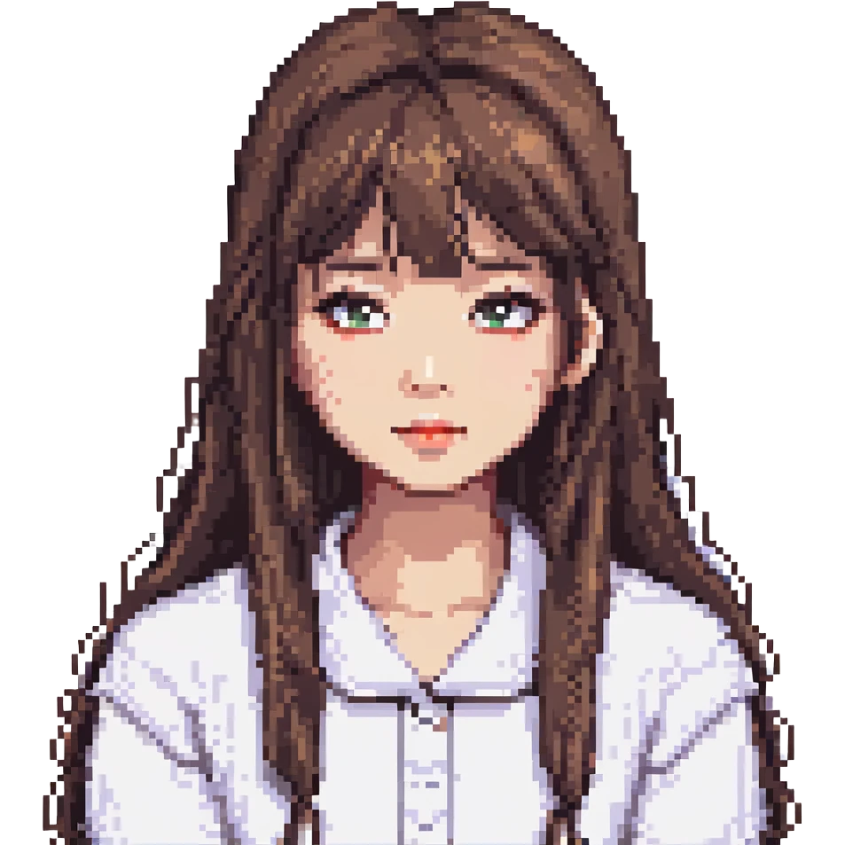 pixel art Asian girl with long hair and thin bangs, round eyes, no double eyelids emoji