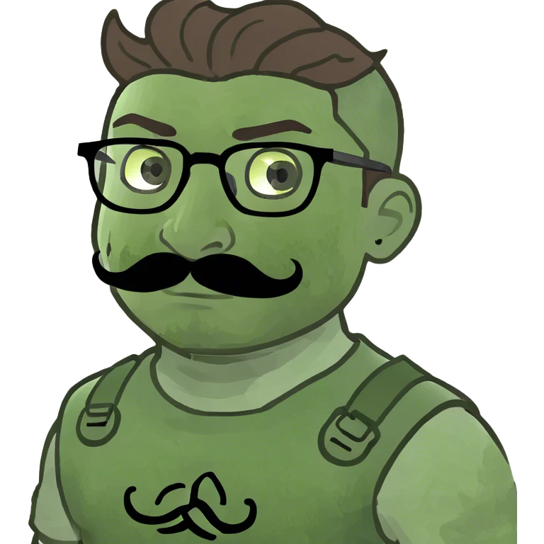 Boy with brown hair and green eyes and glasses who is warriror and with mustache emoji