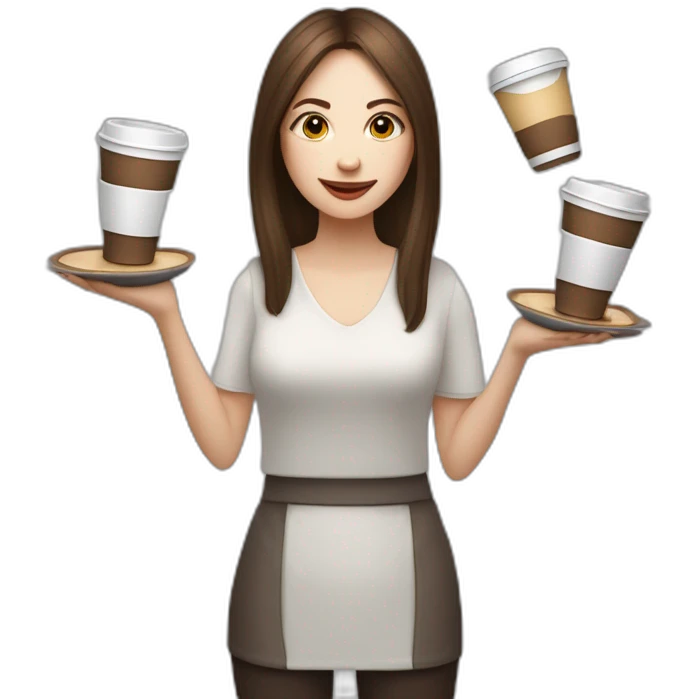 woman juggler with long straight brown hair and pale skin juggling both coffee cups and miniature laptops in the air emoji