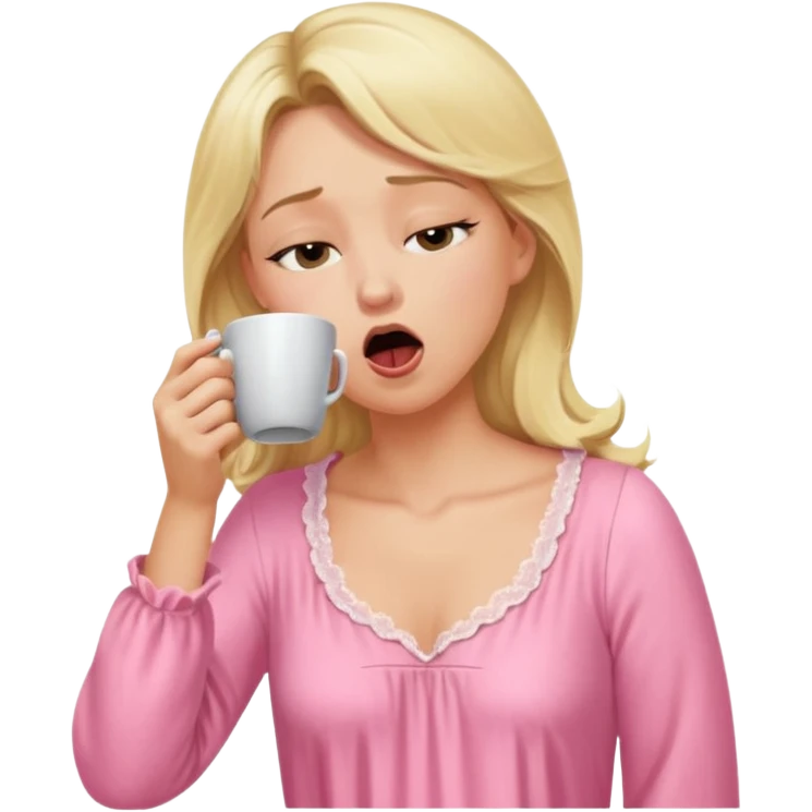 A blonde woman in a pink nightgown yawns, looking sleepy with dark circles under her eyes, drinking coffee, looking like she just woke up emoji