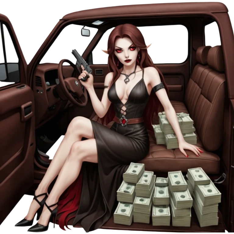 Lilith red eye seductress evil long brown haired sexy succubus woman with leather long dress with slit on, sitting in Big Large F350 pickup truck. Back seat full of stacks of cash, she is  Holding a human skull of her enemies and a gun in other hand emoji