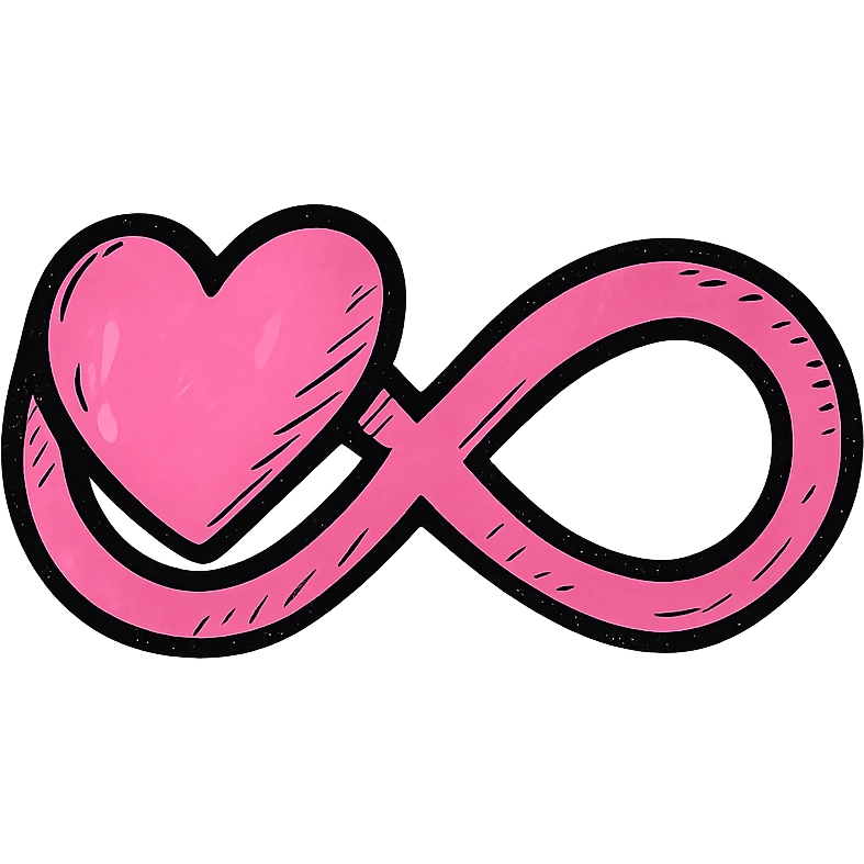hand-drawn style pink infinity symbol with clear bold outlines, expressive stylized shadows and highlights, simple heart shape integrated as part of the infinity loop, heart forms one of the loops or is seamlessly woven into the symbol emoji