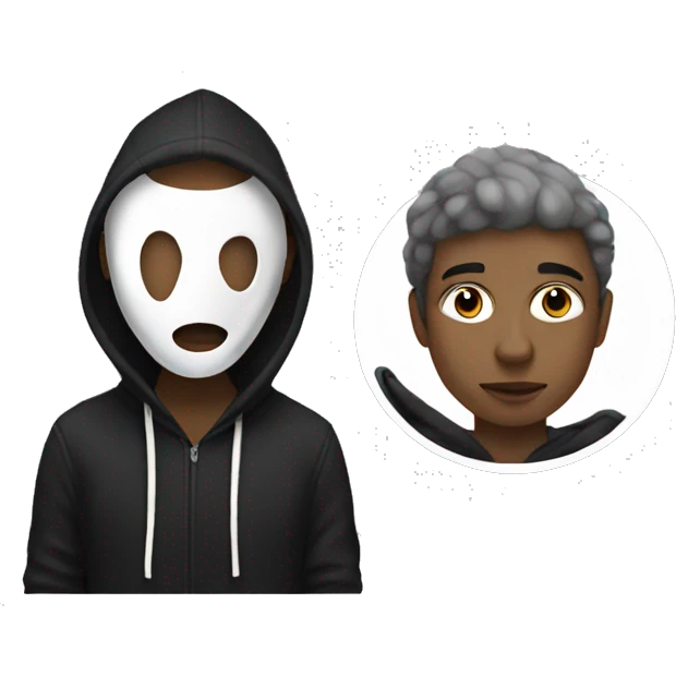 Male artist painting wearing white drama mask and black hoodie  emoji