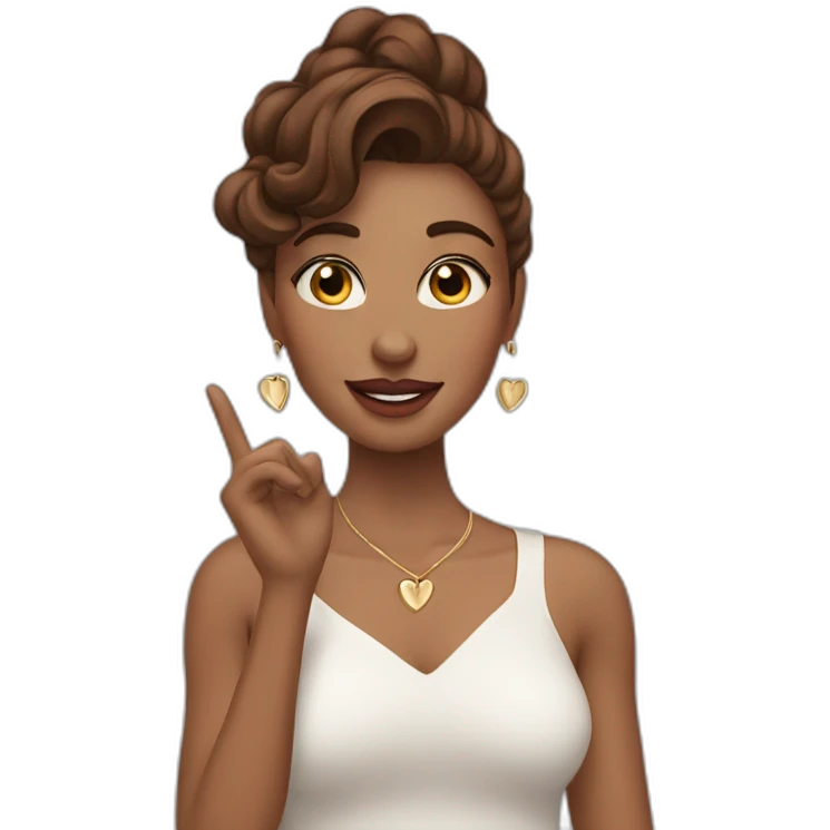 white beautiful woman, brown wavy hair, heart-shaped hand gesture, long earrings emoji