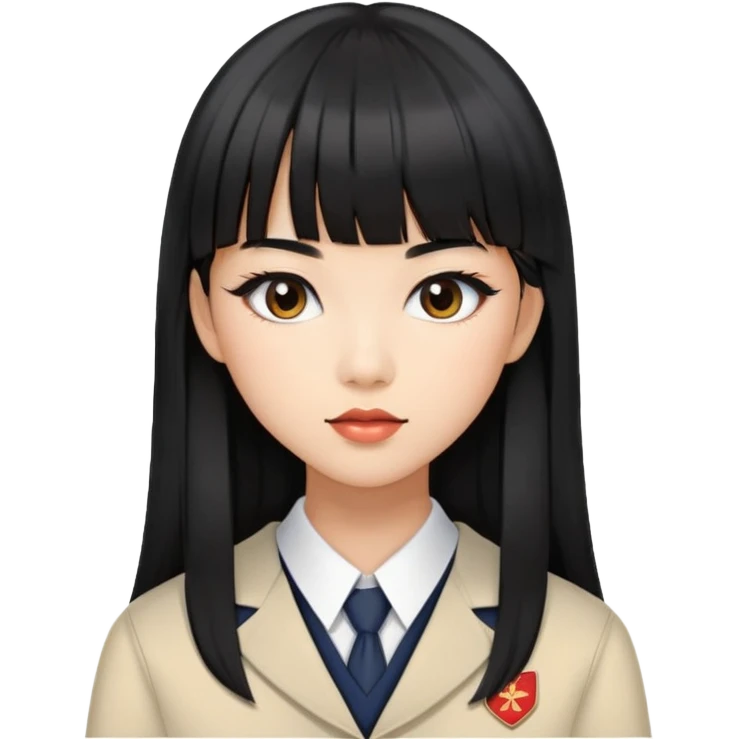 fashionable woman with Asian skin tone, long straight black hair with straight bangs, school uniform, and stylish makeup emoji