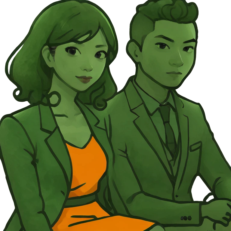 Asian straight hair women sit on asian curly hair men emoji
