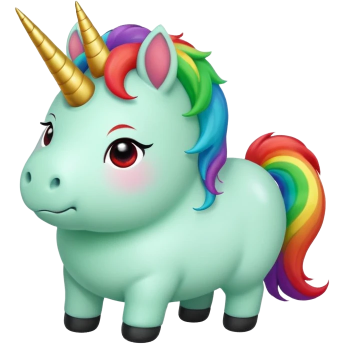 Small chubby unicorn in colours of jade green, black and red eyes, farting rainbow emoji