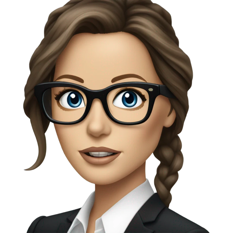 Hyper Realistic photo Kate Beckinsale blue eyes wearing glasses in a business meeting black dress emoji