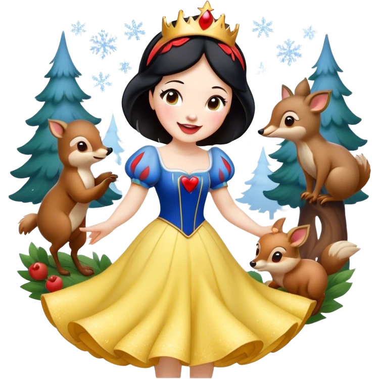 Cinematic Playful Snow White Portrait Emoji, Laughing while dancing with woodland animals, dress twirling gracefully, a whimsical sparkle in her eye, radiating charm and pure delight! emoji