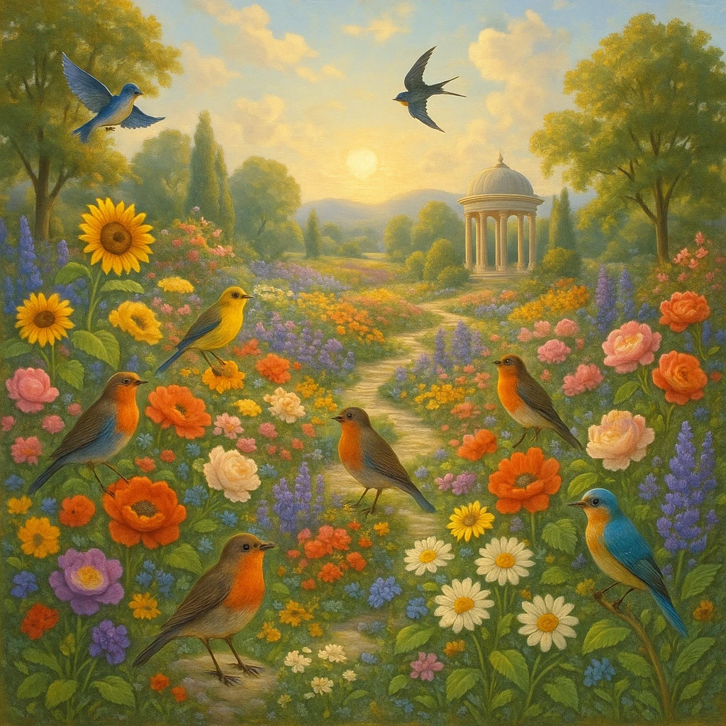 utopian garden with flowers, birds, and no cats in sight emoji
