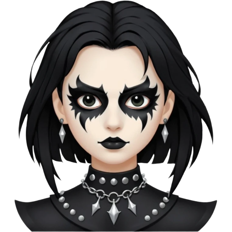Crea una ragazza con stile black metal,  paint face black metal, capelli neri mossi dalle spalle e occhi bianchi e un collare con borchie a punta emoji