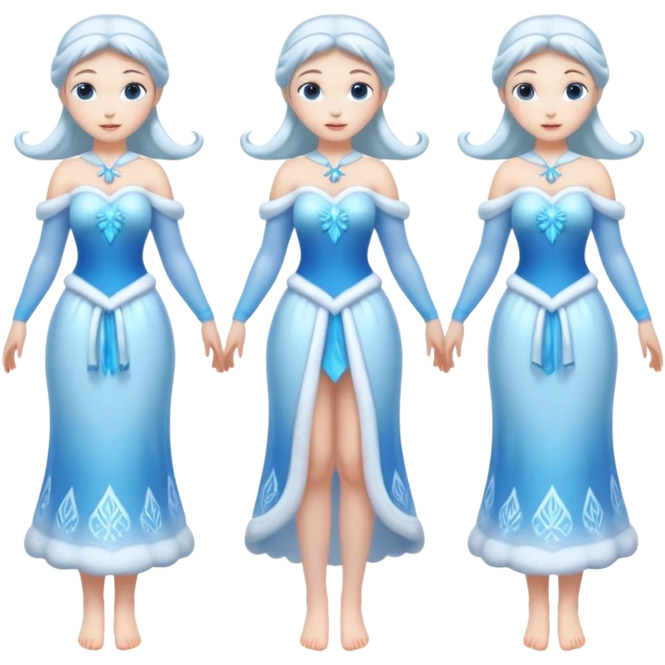 An ice Snow Maiden character with two arms and two legs, full body, front view, back view, side view, three-quarter view, consistent character design, translucent ice material, winter fairy tale style. emoji