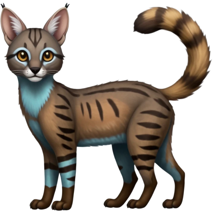 Realistic patterned marked edgy bluish greyish blackish whitish silvery coppery Shiny Colorful Dusky Dark Gloomy Glossy Genet-Caracal-Lion-Bobcat-fusion-animal-hybrid-creature, full body, tufted ears, long thin tufted tail emoji