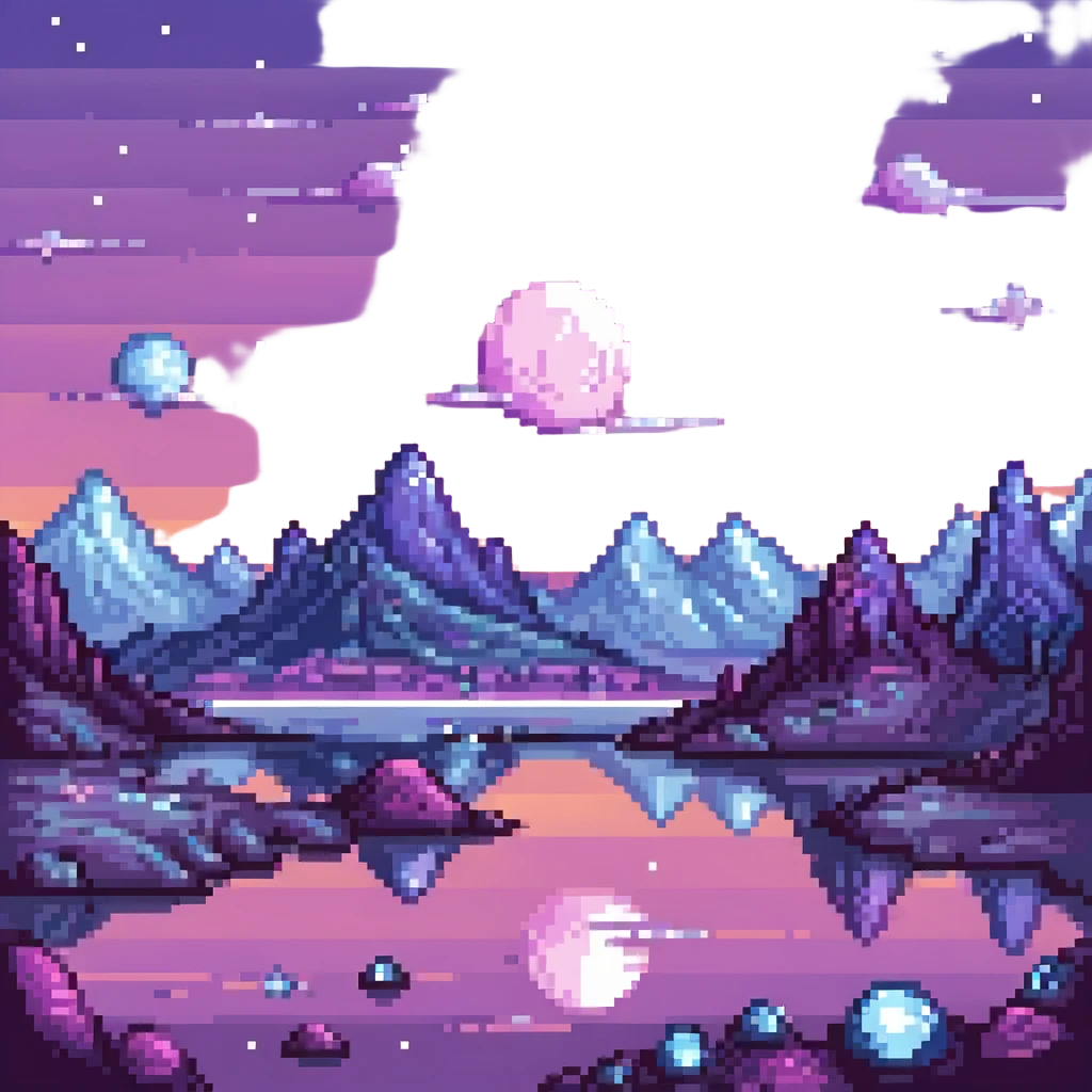 Alien planet with purple sky and crystal mountains in pixel art style. emoji