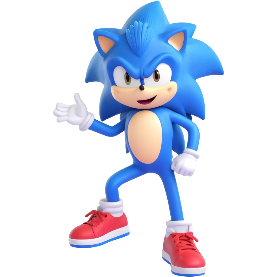 Sonic the Hedgehog, blue cartoon hedgehog with red shoes, energetic pose, 3D emoji style emoji