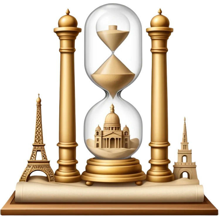 icon featuring ancient scrolls, quill pen with famous historical landmarks and monuments in the background. Large, antique sand clocks with sand pouring out represent the passage of time. Historical figures are depicted as statues. Transparent background. emoji