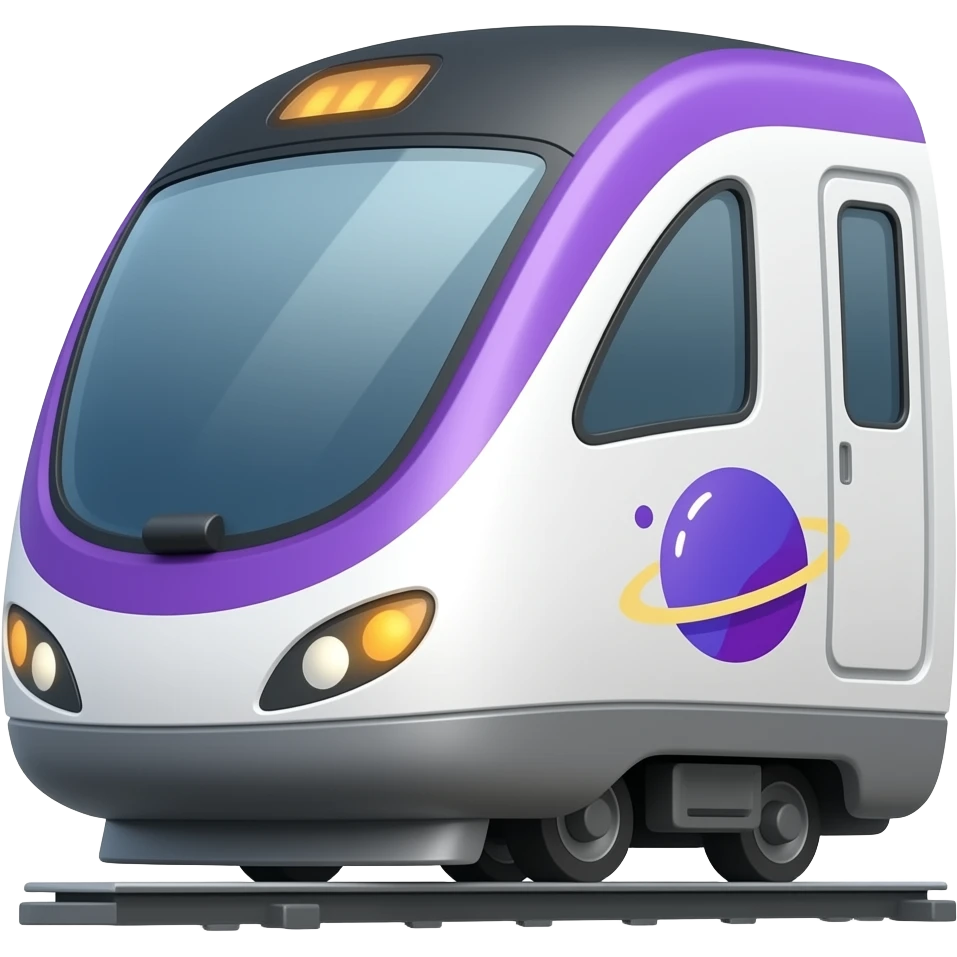 A purple and white train with a logo showing a purple planet with a rocket emoji