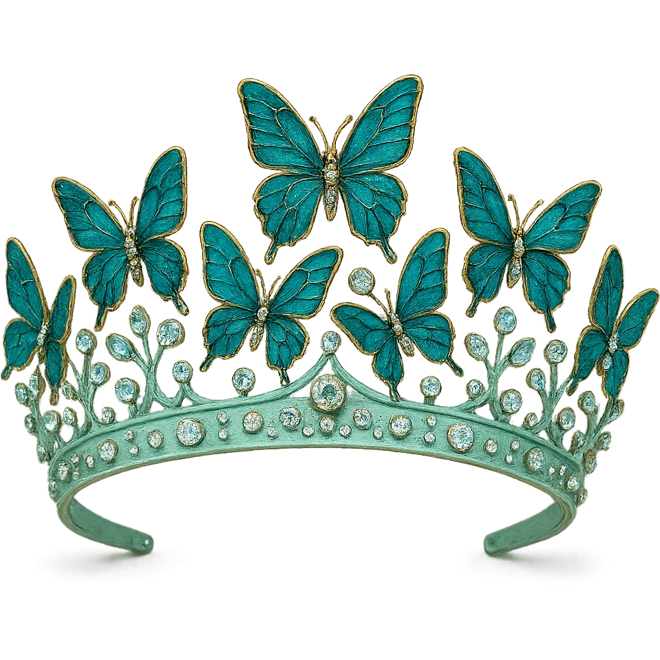 butterfly crown with a mint green base, butterflies in teal and aqua enamel, sparkling gems, transparent background emoji