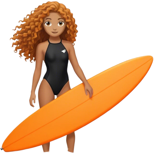 Surfer girl with black swimsuit and orange surfboard and long curly hair emoji