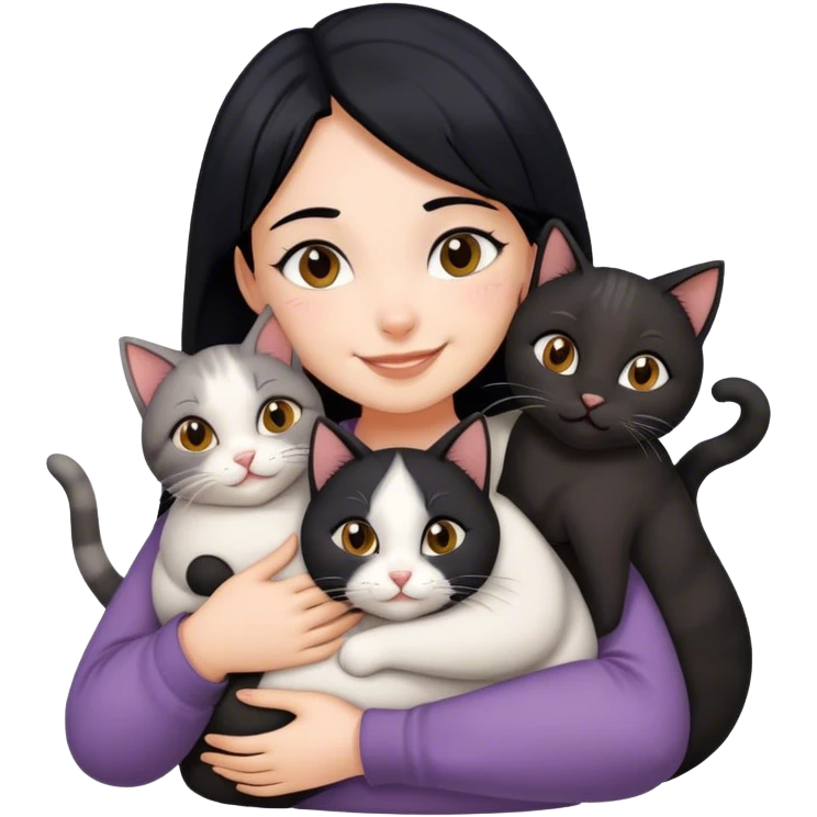 happy girl with black hair hugging three cats  (black cat, gray cat, brown calico cat) emoji