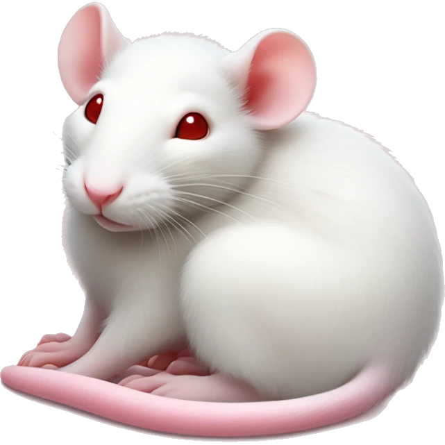 Realistic white rat with small ears, bright red small eyes and baby pink long tail wrapped around body and baby pink paws in sleeping position neutral face eyes open body is lying down curled up asleep but awake emoji