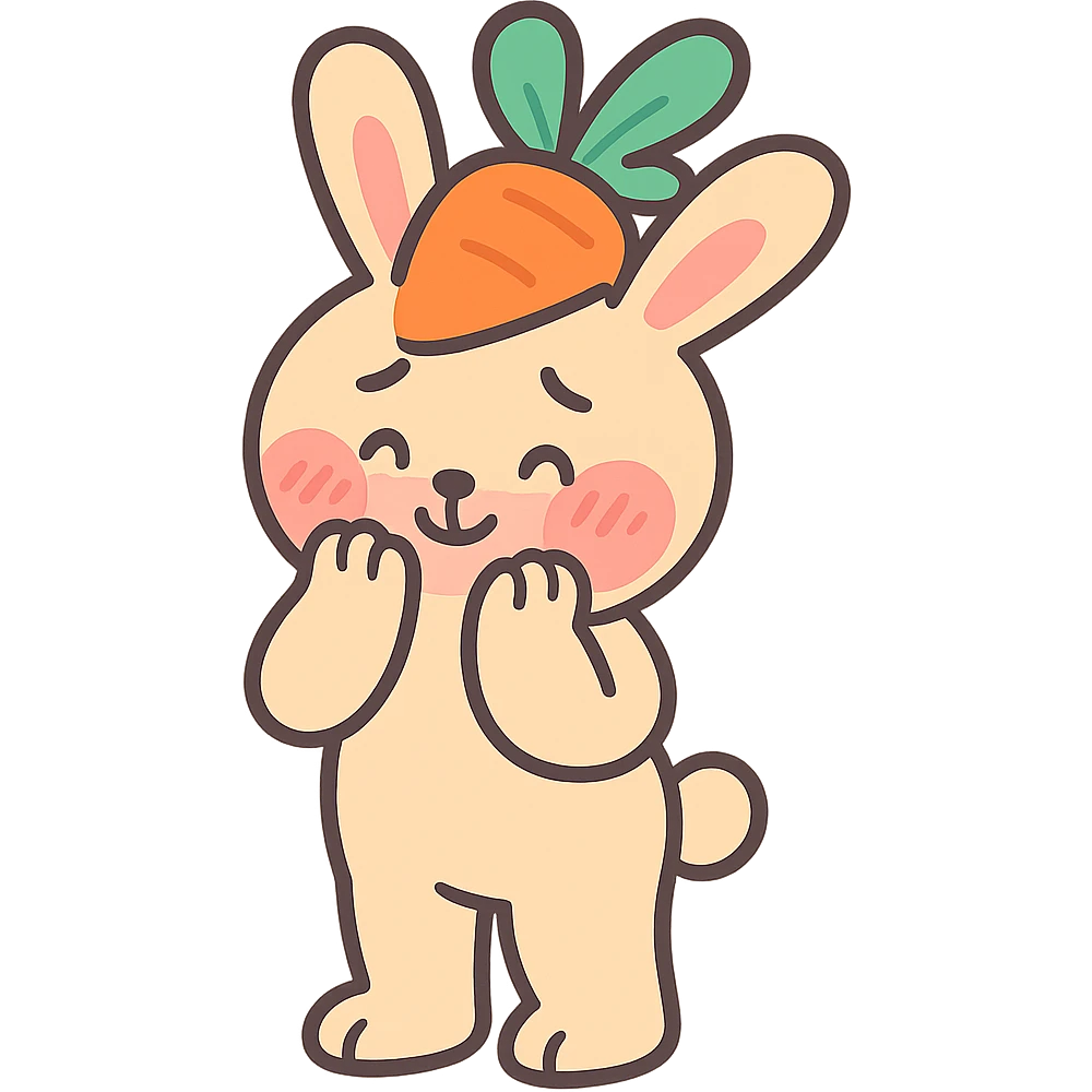 full-body beige bunny with carrot hat, blushing shyly, paws touching cheeks, bashful expression, pastel tones emoji
