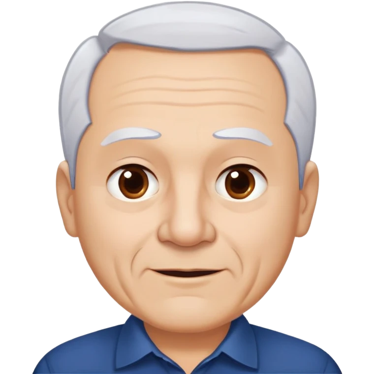 Charismatic older Hispanic man with light skin, round face, wide jaw. Lively dark brown eyes that look humorous. Thick straight eyebrows. Short white hair with receding hairline. Clean-shaven. Wearing a dark blue shirt. emoji