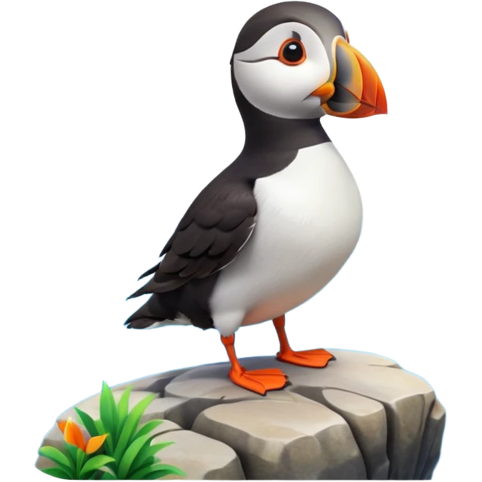 A 3D cartoon puffin bird standing on a rock near the sea, soft daylight, bright colors, realistic Memoji-style. emoji
