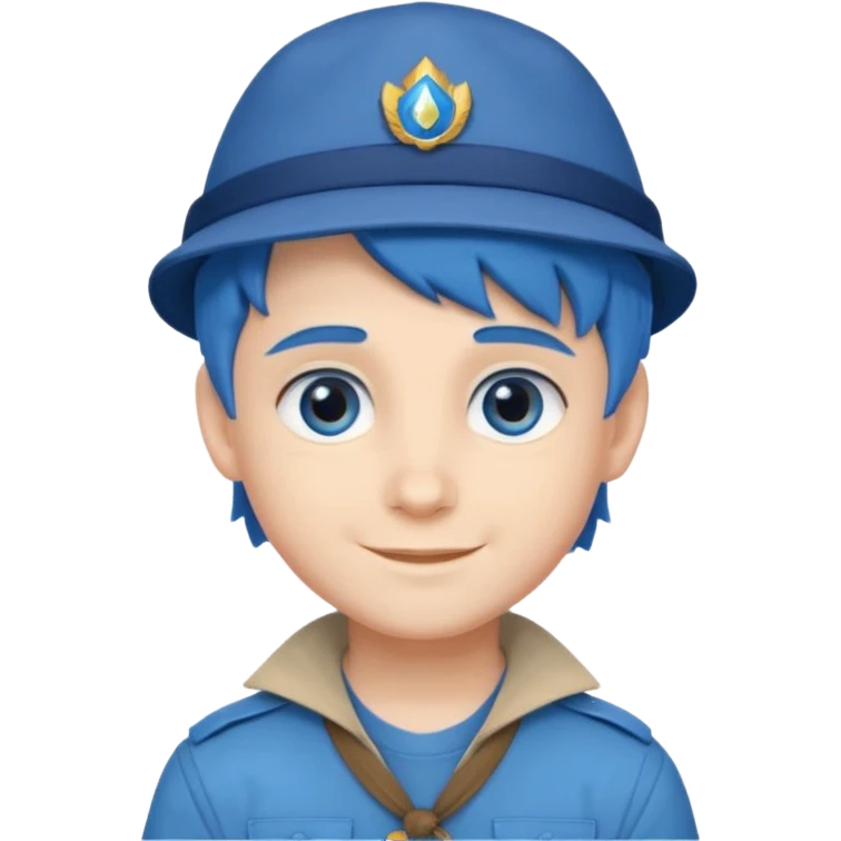 very handsome boy big blue eyes, scout boy with, blue hair and hat emoji