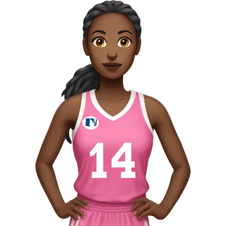 Black women with a white and pink basketball jersey on, wearing number 14 emoji