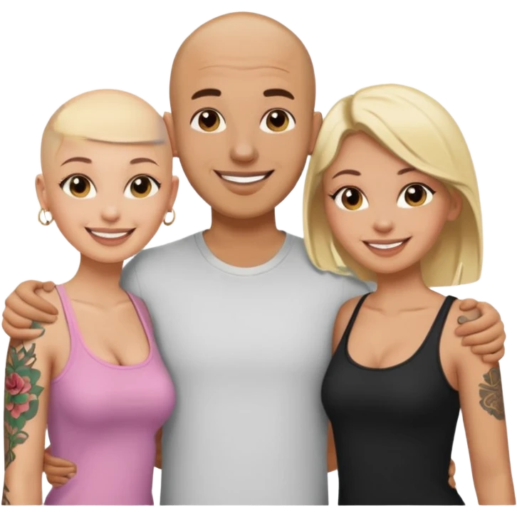 throuple tatted bald boyfriend with blonde girl friend and brunette girlfriend emoji