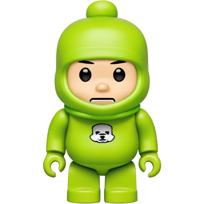 bearbrick toy wearing a lime green balaclava with Supreme logo and thick aggressive eyebrows showing above emoji