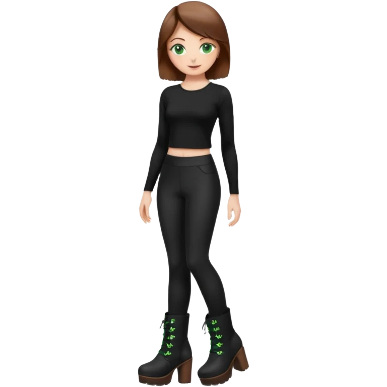 Create a Mistress with brown hair, green eyes, platform boots and black leggings and top emoji