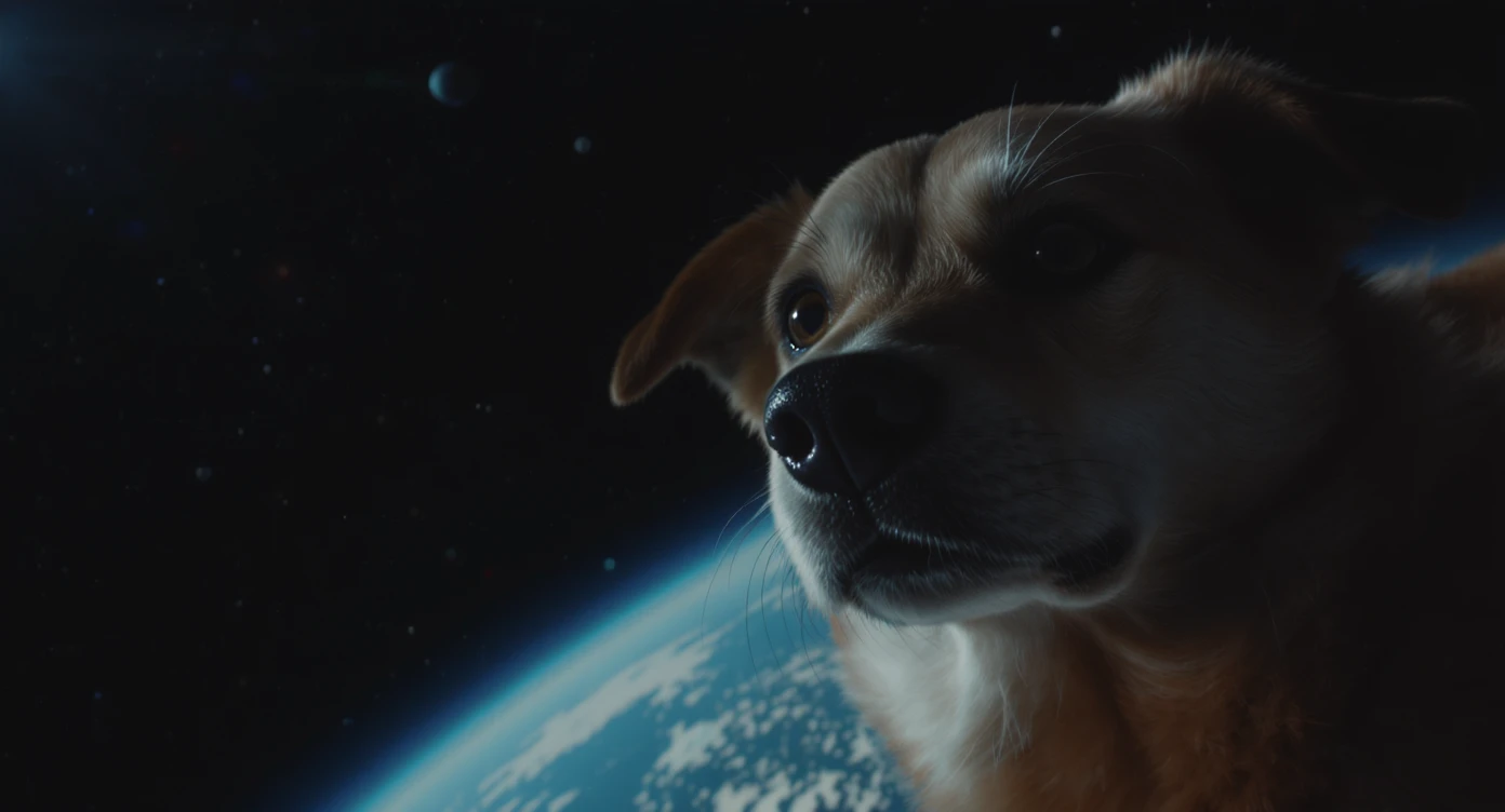 Cinematic still of a dog is in space, very detailed, cinematic light emoji