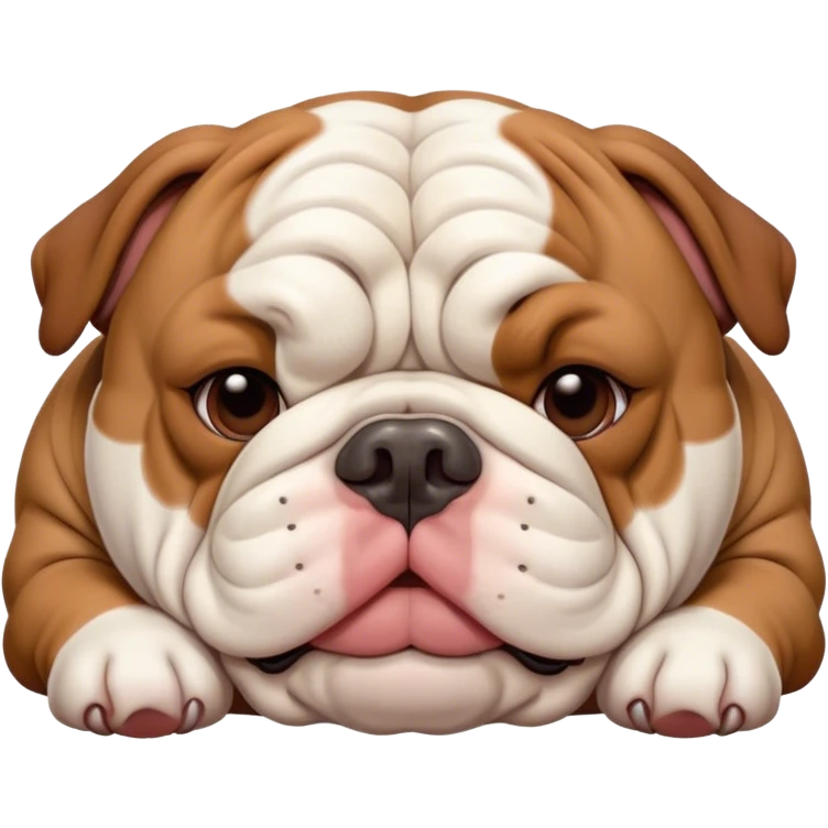 Cinematic Meme-Worthy Chubby Sleeping Brown and White English Bulldog Portrait Emoji, Head resting peacefully with a contented smile, showcasing a delightfully chubby build and a luxuriously soft brown and white coat, eyes shut in a serene nap, Simplified yet hilariously adorable features, highly detailed, glowing with a soft, drowsy light, high shine, relaxed and utterly lovable, stylized with an air of playful laziness, bright and heartwarming, soft glowing outline, capturing the essence of a comically sleepy guardian, so meme-worthy it feels like it could instantly become the next viral sensation of adorable slumber! emoji