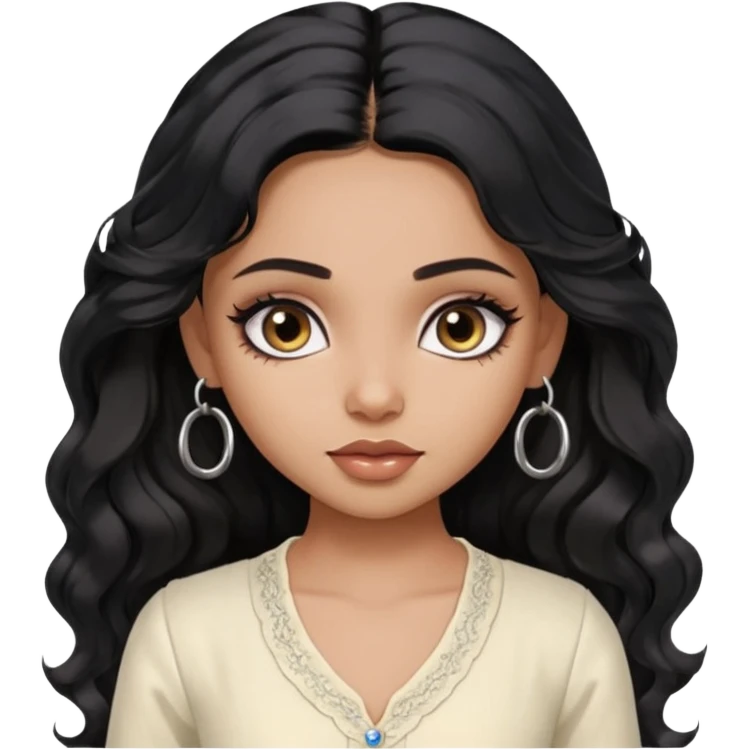 a pretty bratz dusky girl with long wavy black hair, kajal under eyes, small silver hoop. ivory coloured kurti emoji