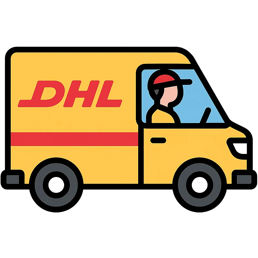 DHL driver in yellow and red driving a delivery van, minimal background, icon style emoji