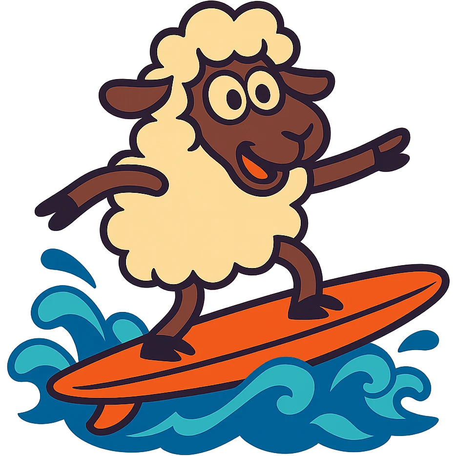 a sheep surfboarding vibrant cartoon style emoji