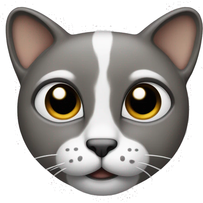 The cat’s face is clear white with a contrast black spot under the nose, shaped like a mustache. Big dark spots on the forehead and near the ears. emoji