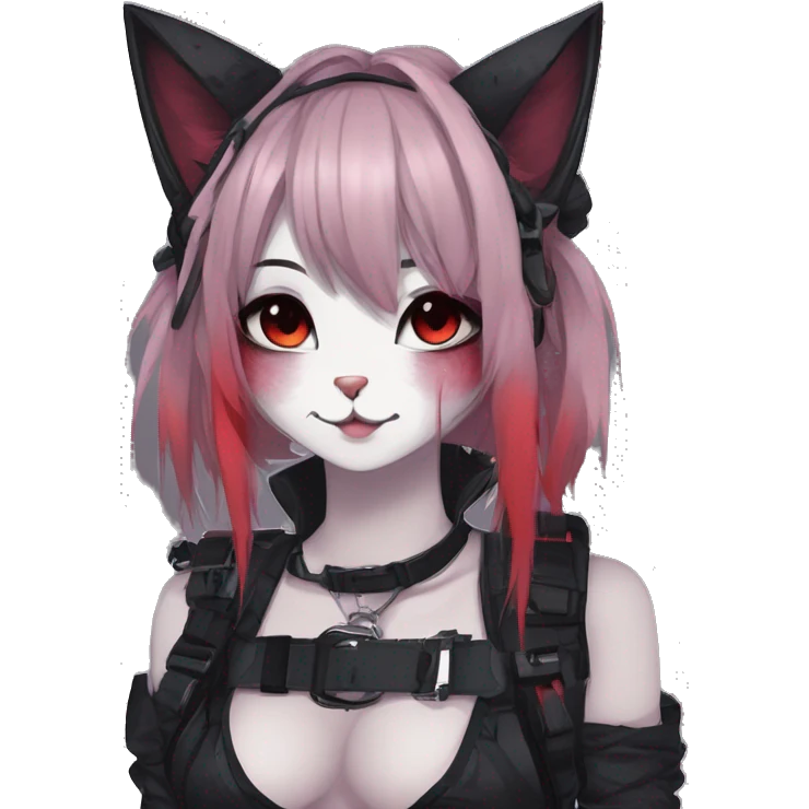 Gorgeous gothic dark techwear anime style anthro cat furry with blushing face aesthetic and pretty edgy black red punk messy ponytail hair with collar and harness trending style emoji