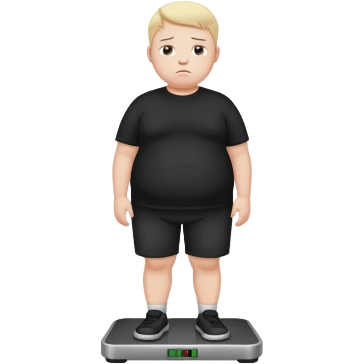 sad fat young boy in black t shirt on weight scale  emoji