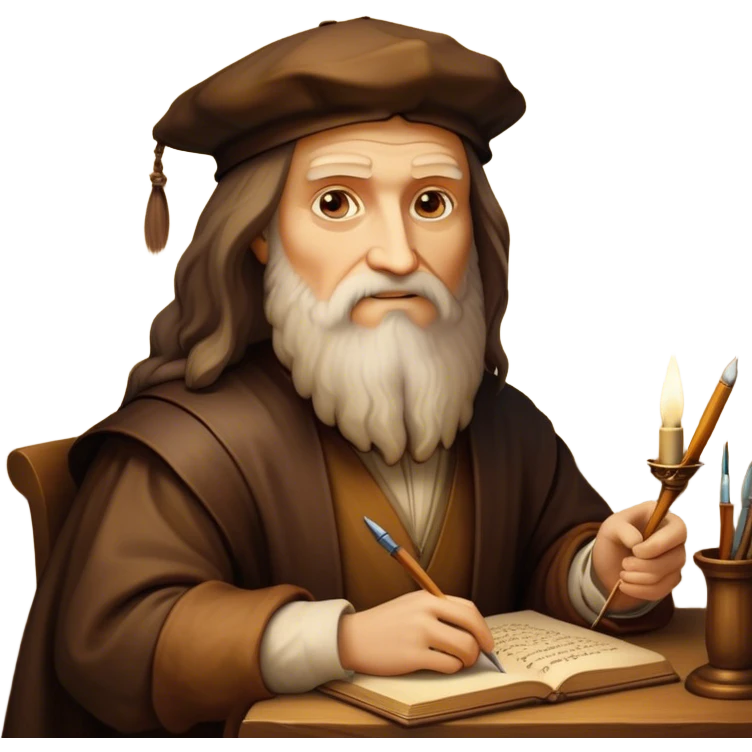 Cinematic Realistic Leonardo da Vinci Portrait Emoji, depicted as the quintessential Renaissance polymath with deep, thoughtful eyes, a flowing beard, and a quill or sketchbook in hand. The scene is illuminated with warm, classical lighting, evoking the atmosphere of a master artist’s workshop, surrounded by early sketches of inventions and masterpieces like the Mona Lisa. emoji