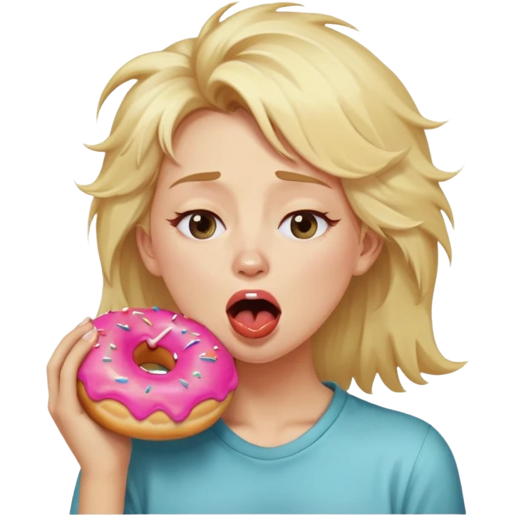 Blonde girl with messy hair with her eyes rolling back while she’s yawning thick lips and cream from a donut on her cheek emoji