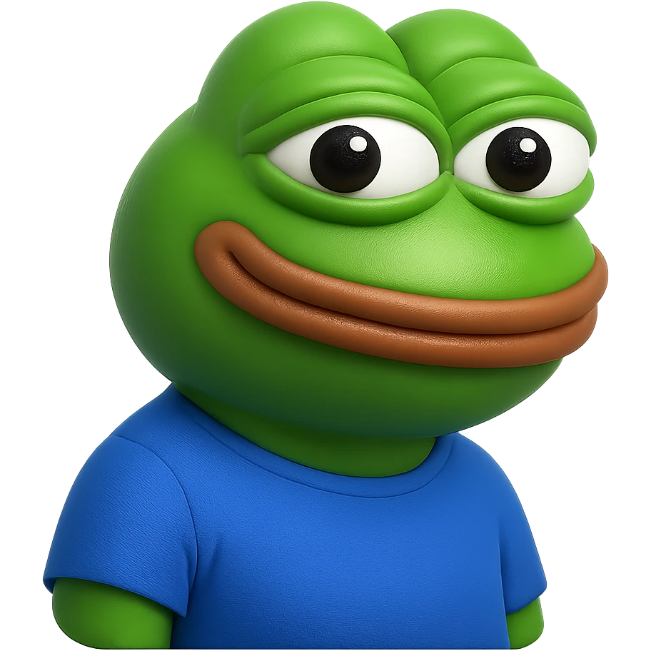 pepe in
- 3d style
- bright green
- blue shirt
- smiling
- looking straight at the camera
- good highlights and shadows
- 30deg angled towards the right
- 20% inset padding
- nice rounded cut off at the bottom emoji