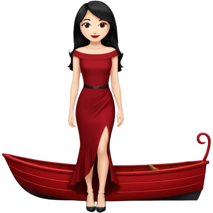 Chica blanca ,ojos marrones, vestido granate muy largo sexy escote barco,  cuerpo entero pelo negro y largo zapatos negros tacon emoji