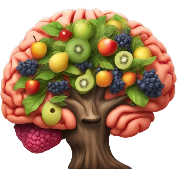 realistic caucasian face with a brain growing a tree with fruit emoji