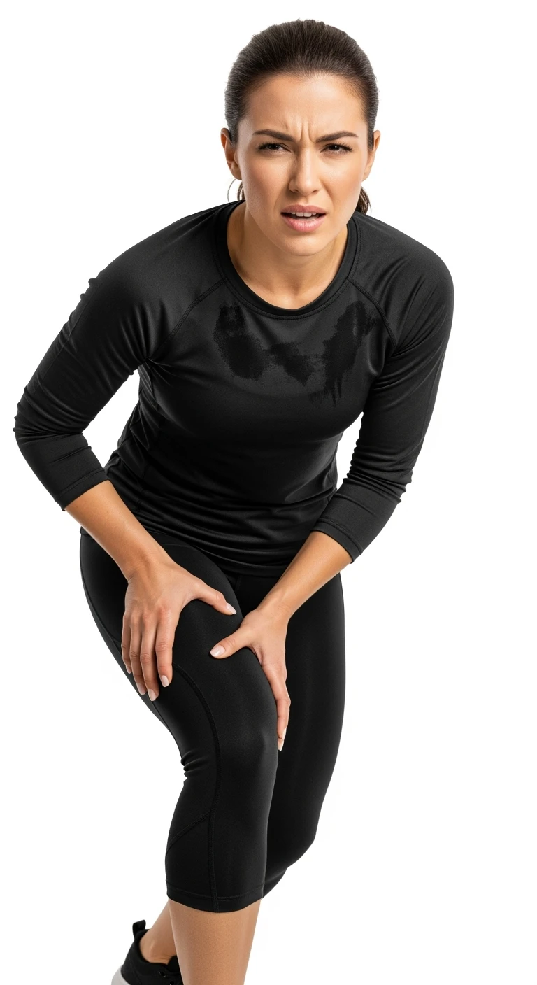 donna fitness che si tocca la gamba dolorante con espressione di dolore in volto, sente le gambe pesanti, iperrealistica 4k, sfondo bianco emoji