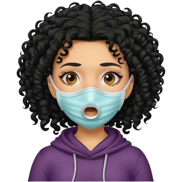 a pretty tan bratz girl with black curly hair. no makeup, looking sick, wearing a mask, coughing emoji